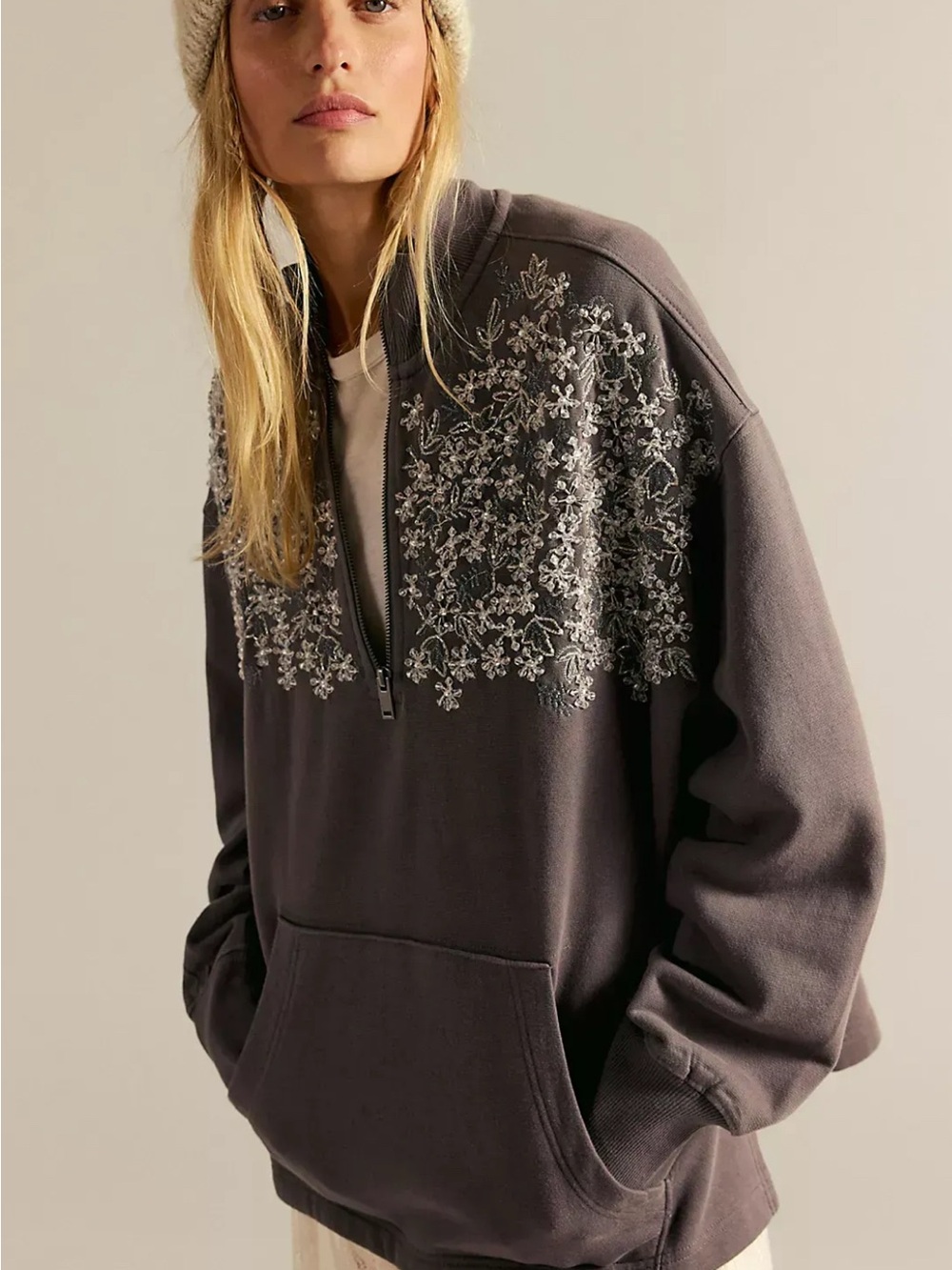NWOT GIRLS NIGHT Oversized Quarter zip Charcoal Sweatshirt. Embellished